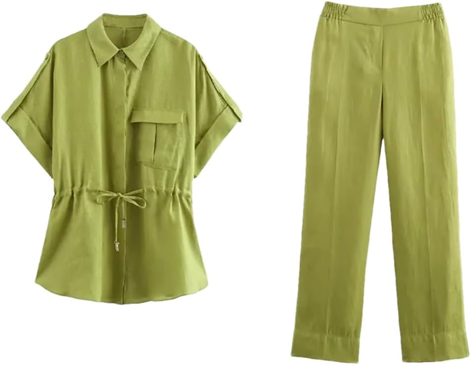 Alloaone Women Casual Solid Suit Single Breasted Short Sleeve Shirt Loose Long Pants Chic Summer Basics Sets
