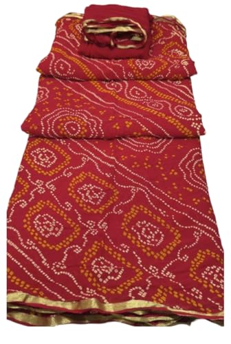 Image of Women's Jaipuri Viscose Georgette Saree, Zari Checks Pattern, Handmade Laddu Bandej Design, Contrast Blouse