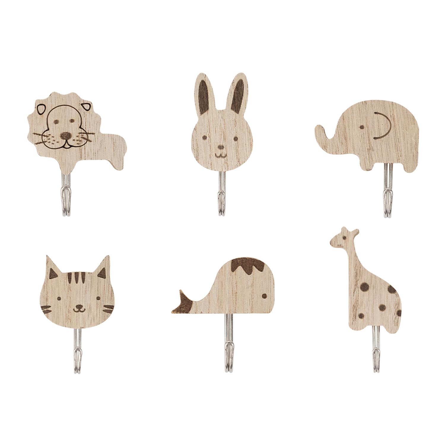 TVSVKWE 6 Pieces Cartoon Animal Hooks, Self-Adhesive Wooden Hooks, Creative Cute Hooks, Home Decorations, Children'S Room Hooks.