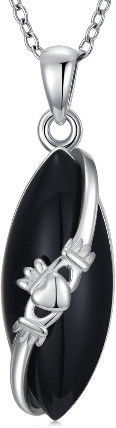 Claddagh Necklace for Women, S925 Sterling Silver Black Agate/Cat Eye/Malachite/Turquoise/Amethyst/Tiger Eye Gemstone Claddagh Pendant Irish Jewelry Anniversary Birthday Gifts for Women