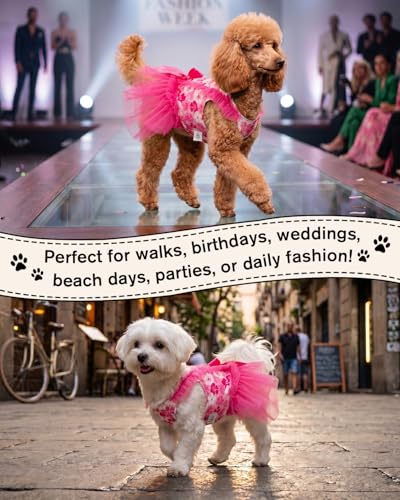 Image of CuteBone Hot Pink Cherry Blossom Pet Dress for Small Dogs, Cats - Double-Layer Ruffled Skirt - Satin Bow - Spring, Summer, Party Dress