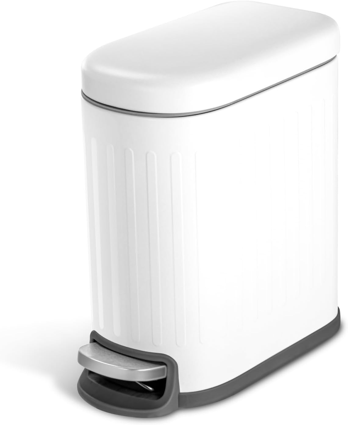 Home Zone Living 1.3 Gallon Small Bathroom Trash Can with Lid, Matte White Stainless Steel Wastebasket with Slim Narrow Shape and Removable Liner, Step Pedal, 5 Liter