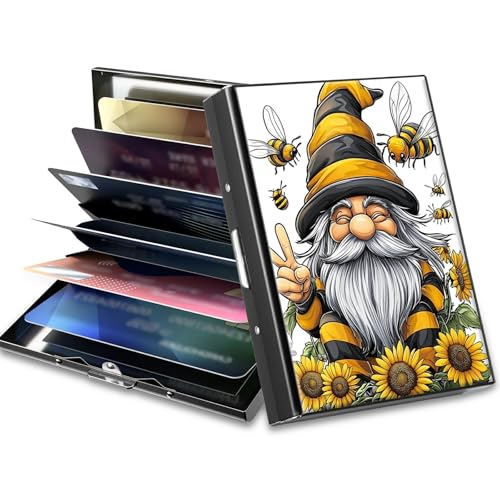 Image of Slim Credit Card Holder, Bee Dwarf Sunflower RFID Blocking Metal Wallet for Men & Women, Aluminum Minimalist Hard Case Pocket-Sized Business Cards Organizer (Fits Up to 10 Cards)