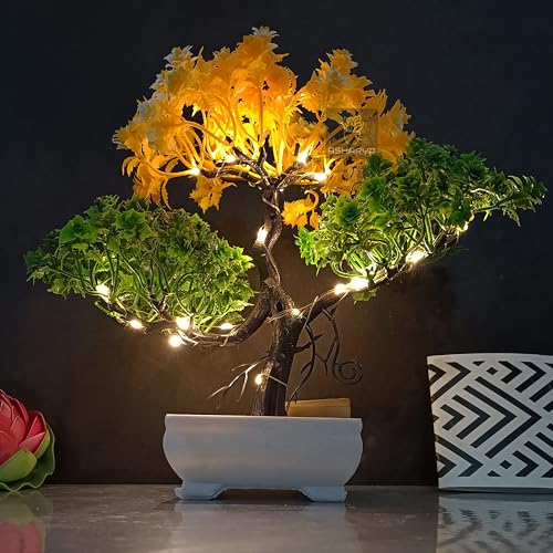 Image of Artificial LED Bonsai Tree with Lush Colorful Foliage in Elegant Plastic Pot | Artificial Plants with Pot | Indoor Plants | Home Decor Items (Yellow-Green, 24cm)