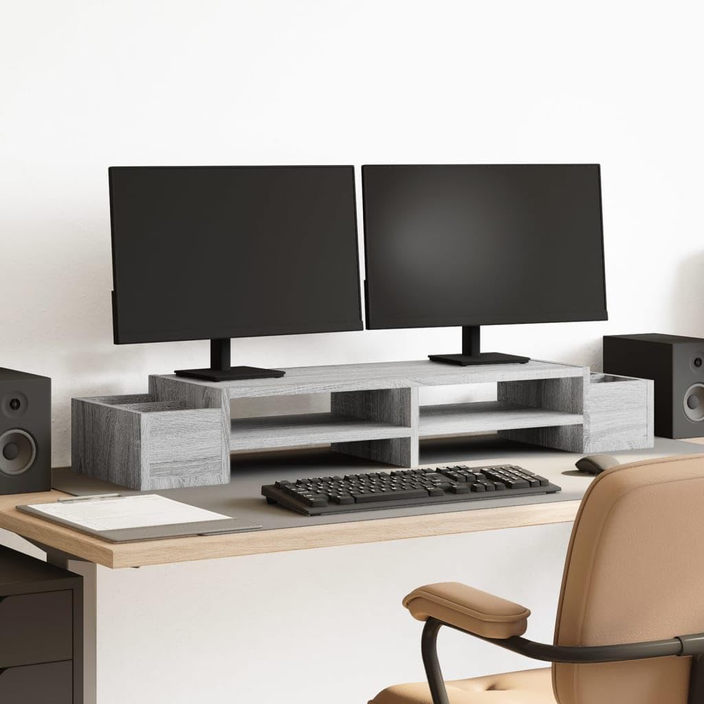 Supporto per monitor con vano portaoggetti, grigio Sonoma, in legno, 100 x 27 x 15 cm, 4 scomparti, supporto da scrivania autoportante per home office, gaming, ufficio e altezza ergonomica