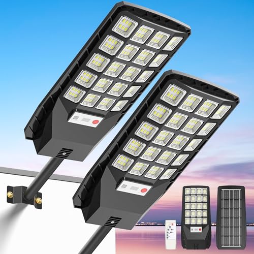 OKPRO Solar Lights Outdoor Waterproof - 320° Wide Angle Solar Street Lights Outdoor IP66 Waterproof, 6500K Dusk to Dawn Flood Lights Motion Sensor with Remote Control for Yard 2-Pack