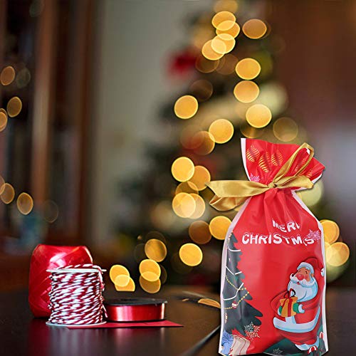 Weihnachten Geschenkbeutel mit Kordelzug,50 stücke Urlaub Rot Rentier Weihnachts Paket Geschenk Süßigkeiten Süße Tasche Kunststoff Weihnachten Goody Bags für Hochzeitstag Frohe