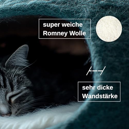 XL Katzenhöhle Katzenbett Katzenhaus – feinste Romney Wolle – kräftig gefilzt – außen robust & innen kuschelig weich – waschmaschinenfest (Petrol)