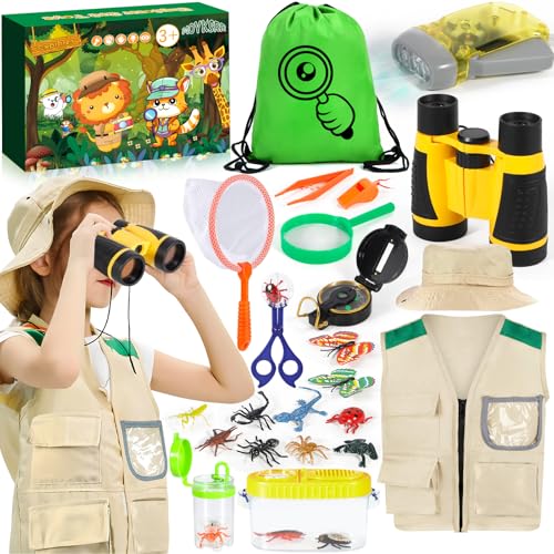 MOYKSRR Aire Libre Aventura Juguetes, Kit Explorador Niños, Kit de Exploración para niños con Chaleco de Safari, Sombrero de Safari, Prismáticos, Juego de Explorador Regalo para Niños de 3 a 10