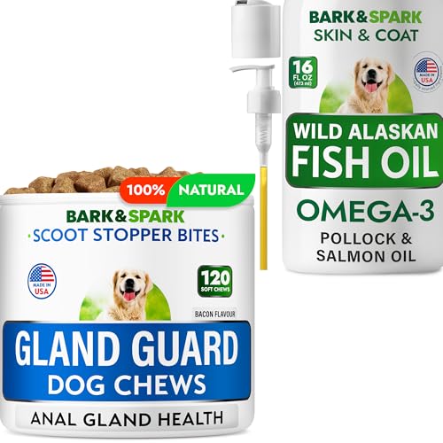 BARK&SPARK Omega 3 Fish Oil + Gland Guard Bundle - Scoot Relief - Dog Shedding, Skin Allergy, Itch Relief, Hot Spots Treatment - Pee Grass Spot Saver - Made in USA