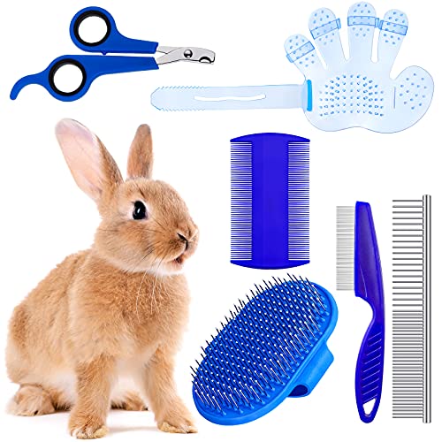6 Pieces Rabbit Grooming Kit Rabbit Grooming Brush Pet Hair Remover Shampoo Bath Brush with Adjustable Ring Handle Pet Nail Clipper Pet Comb Grooming Set for Rabbit Hamster Bunny Guinea Pig (Blue)