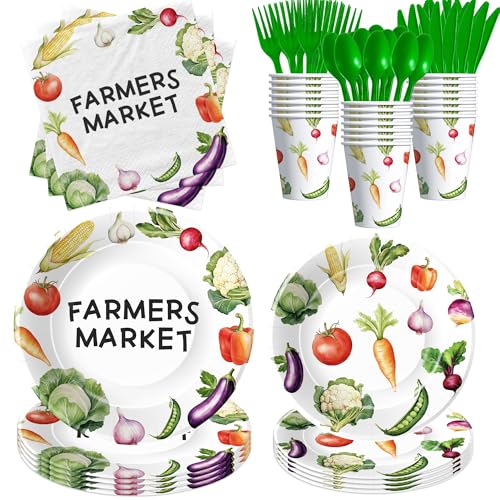 Owelleny Farmers Market Birthday Party Decorations Tableware, Locally Vegetables Theme Farmer's Market Party Supplies for Kids Birthday, Disposable Paper Plate, Cup, Napkin, Cutlery, Serves 24