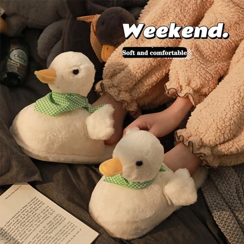 Duck Slippers, Duck Plush Slippers, Yellow Duck Slippers, Novelty Cozy Fuzzy Slippers, Soft Comfortable House Shoes, Cute Animal Slippers for Women Men (8.5-10 Women/7.5-9 Men, White)3