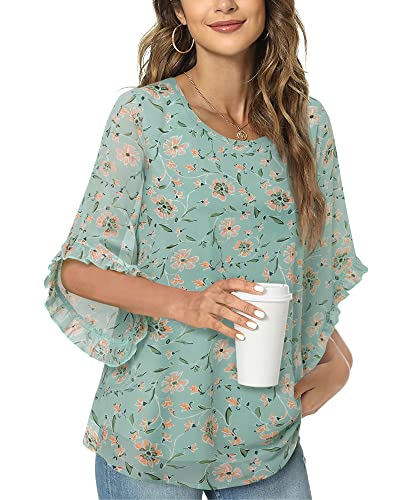 Vafloy Elegant 3/4 Sleeve Chiffon Top - Ladies Floral Swing Tunic Xxl - Business Casual Wear #TOP1
