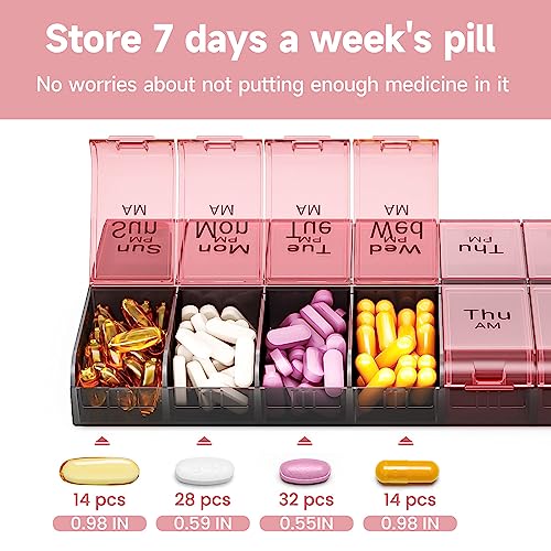 Image of COLORWING AM PM Extra Large Pill Organizer, XL 7 Day Pill Organizer 2 Times a Day, Weekly Daily Pill Case, Day Night Oversized Medicine Box, Vitamin Holder, Big Pill Container (Pink) | Easy-Open,High-Capacity,Easy-Open,Senior-Friendly,AM /PM,Weekly-Tracking,BPA-Free,Long-Lasting