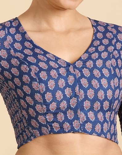 Image of Studio Shringaar Women's Blue Cotton Printed Side Stretch (Smocked) Readymade Saree Blouse