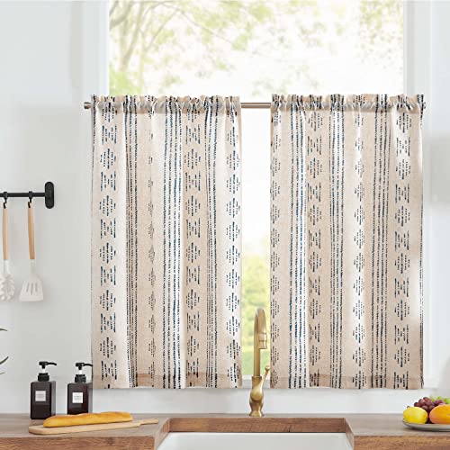 TOPICK Boho Linen Blend Kitchen Curtains 45 Inch Drop Small Cafe Curtains Light Filtering Tier Curtain for Bathroom RV Bedroom Baset Sink Cupboard Rod Pocket Blue on Beige 2 Panels
