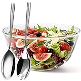 Greentainer Large Glass Salad Bowl with Stainless Steel Fork and Spoon, 144OZ Salad Serving Bowl for Kitchen, 4.5QT Glass Mixing Bowl for Cooking, Baking, Prepping, Dishwasher & Microwave Safe