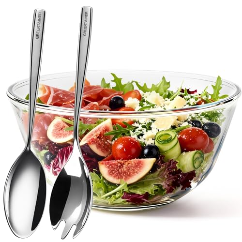 Greentainer Salatschüssel Set 3-teilig, Salatbesteck Edelstahl mit Salatschale, runde Schale 27 cm, Salatschüssel Glas, spülmaschinengeeignet