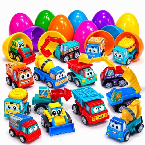 stargo 8 Pack Colorful Prefilled Easter Eggs Bulk with Toys - Mini Car Set Construction Engineering Vehicles Pull-Back Cars. Plastic Easter Eggs Filled, Basket Fillers, Party Favors, Boys Goodie Bags