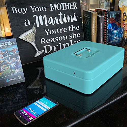 Cash Box With Key Lock - Steel Tiered Money Coin Tray With Lid Cover And Bill Slots | Portable Compact Safe | 4 Keys | Cyan Metal Lockable Storage Box For Change, Petty Cash, Fundraiser, Garage Sale #TOP3