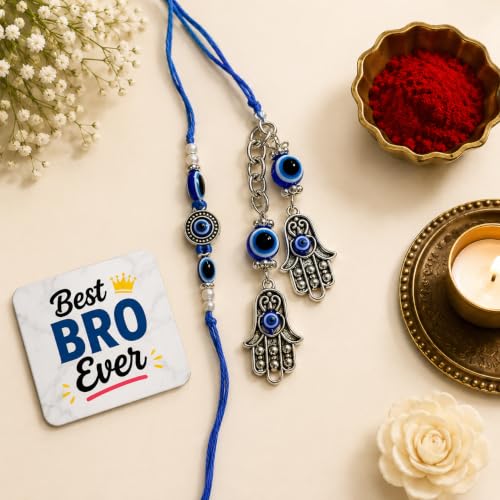 Image of eCraftIndia Set of 2 Purple Floral & Pearl Designer Rakhis with Roli Chawal Pack and Best Bro Ever Fridge Magnet
