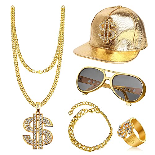 ZJRung Kit de Disfraces de Hip Hop Pulsera Collar y Anillo de Dólar Gafas de Sol Doradas y Gorra de Hip Hop Decoraciones de Accesorios de Rapero 80s/ 90s para Fiestas Conciertos de Rap