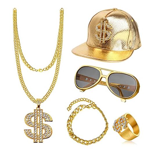 ZJRung Kit de Disfraces de Hip Hop Pulsera Collar y Anillo de Dólar Gafas de Sol Doradas y Gorra de Hip Hop Decoraciones de Accesorios de Rapero 80s/ 90s para Fiestas Conciertos de Rap