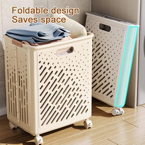 Panier à linge à roulettes pliable en plastique blanc pour vêtement - 3