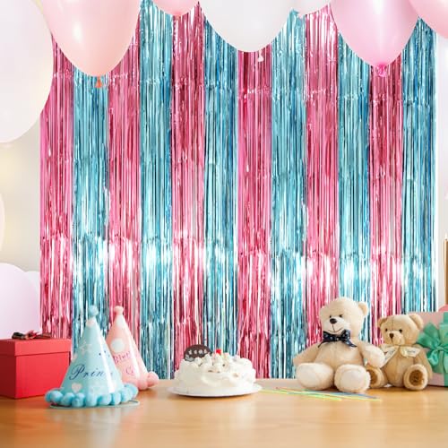 Image of Voircoloria 2 Pack Blue and Pink Foil Fringe Backdrop Curtains, Tinsel Streamers Mermaid Party Decorations, Fringe Backdrop for Mermaid Birthday, Baby Shower, Gender Reveal, Disco, Graduation Party
