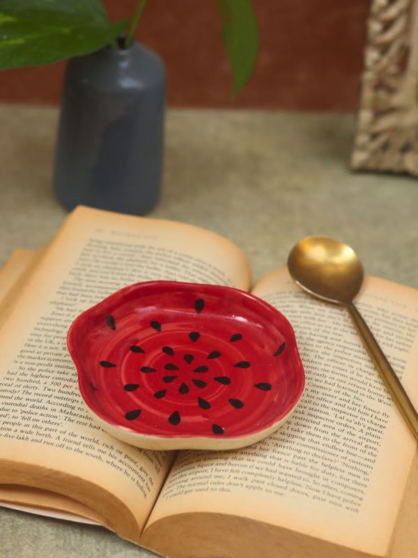 Image of WEAVING HOMES Handmade Watermelon Dessert Plate, Size: 11 cm Microwave & Dishwahsher Safe (Set of 1)
