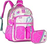 Kit Mochila Rebecca Bonbon Holográfica Grande Juvenil Poliéster Alça Carona Bolso Anti-furto Colegial Com Estojo Box 36 Elástico (RB27020 Rosa)