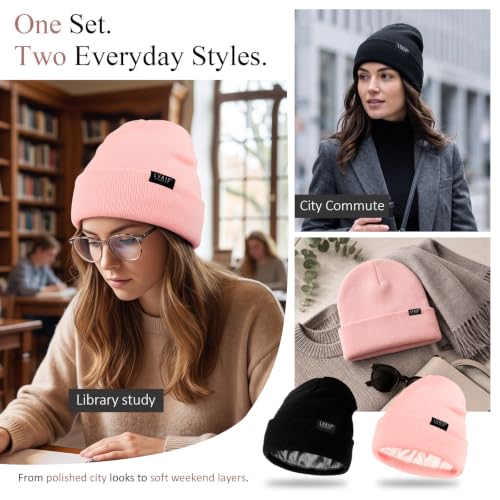 Image of 2 Pack Satin Lined Beanies for Men and Women Warm Cuffed Winter Hats | 60% cotton and 40% acrylic knit with smooth satin lining, stretch fit, cuffed ear coverage, and two-hat value for winter wear