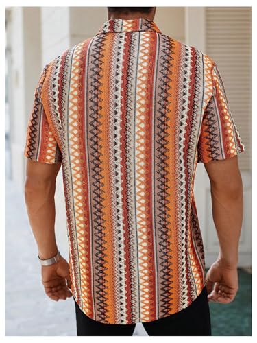 OYOANGLE Men's Textured Jacquard Button Down Shirts Color Block Short Sleeve Boho Vacation Shirt2