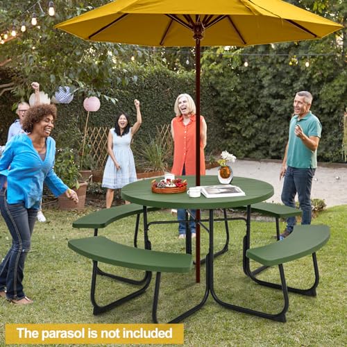 Image of Tangkula 8 Person Picnic Table, Outdoor Round Picnic Table with 4 Built-in Benches, Umbrella Hole, Metal Frame & HDPE Tabletop, Outside Table and Bench Set for Backyard, 2300lbs Weight Capacity