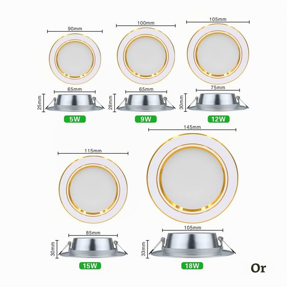 Lot de 10 Spots LED encastrables 220 V 5 W 9 W 12 W Panneau Lumineux Rond 15 W 18 W Éclairage intérieur Blanc Chaud 9 W Doré