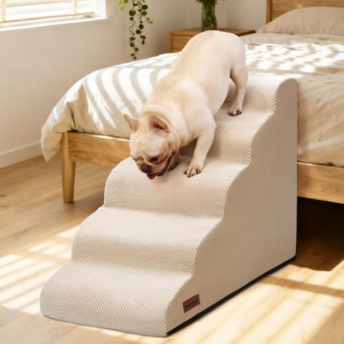 Image of Aodisman Dog Stairs for High Beds,5 Step Pet Ramp for Dogs and Cats,22.4 inch H | High-density foam dog steps for beds and window sills, with a non-slip bottom for puppies and senior cats,comfortable,Beige