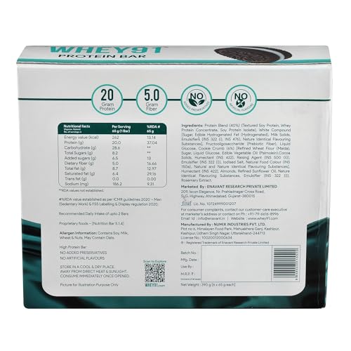 Image of Whey91 Cookies & Cream Protein Bar, 20g Protein & 5g Fiber in each, No Added Preservatives, No Artificial Flavour, 390g- (Pack of 6)