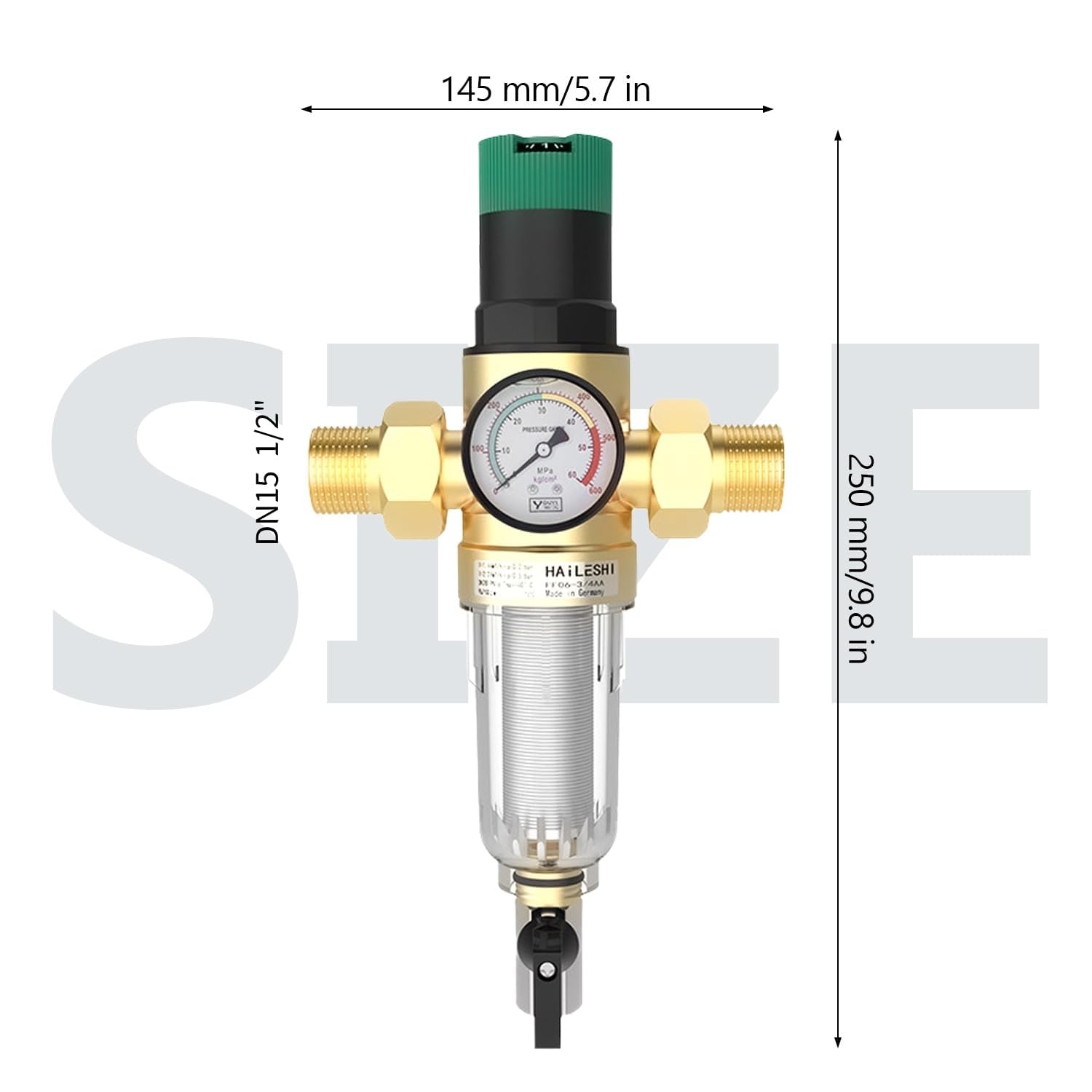 1/2 Pollici Regolabile Riduttore di Pressione Acqua, DN 15 Ottone Addensato Riduttore Pressione Acqua, Regolatore di Pressione Acqua Con Filtro e Manometro Adatto per Residenze, Edifici e Fabbriche