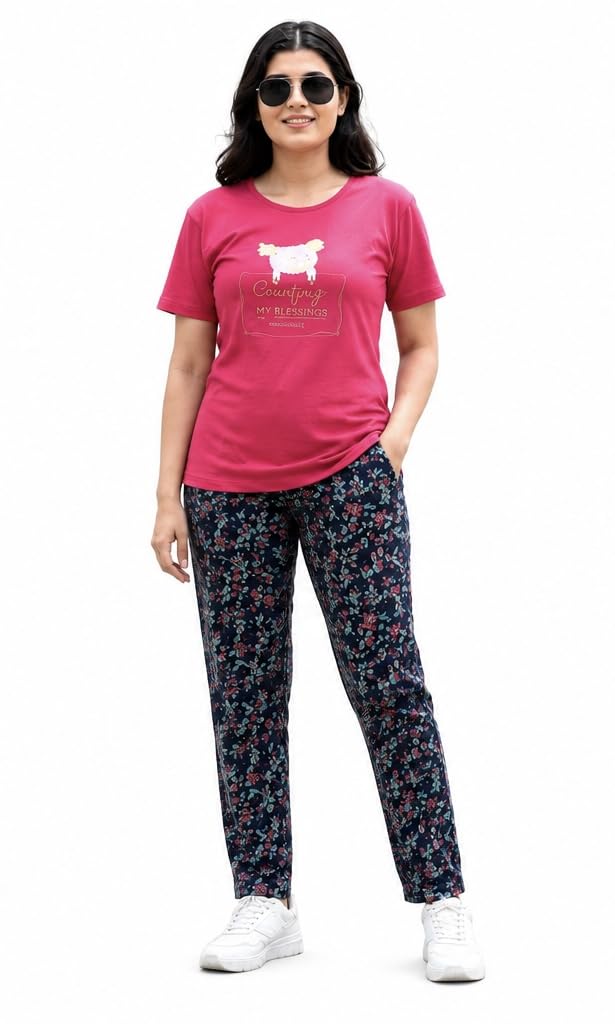 Women's Pyjama Set, Pink Graphic Top and Navy Floral Pant-image-45
