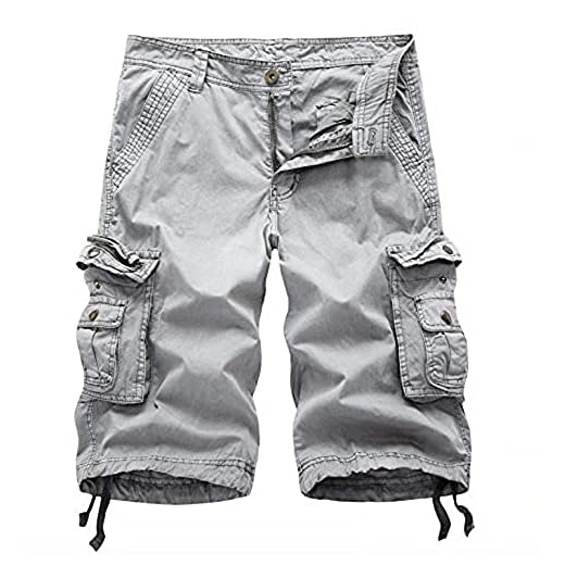 WSLCN Shorts Cargo de Algodão Bermuda Masculino com Vários Bolsos Calça Cortada de Verão Cinza Cintura 38