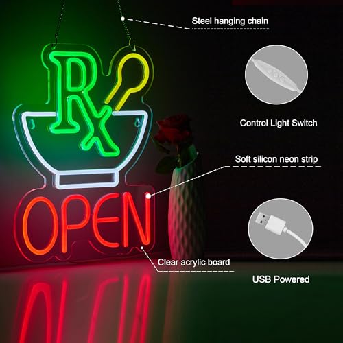 Image of Pharmacy RX Open Neon Sign for Wall Decor Dimmable Business Medicine Shop LED Neon Light USB Powered Neon Art Signs Decor