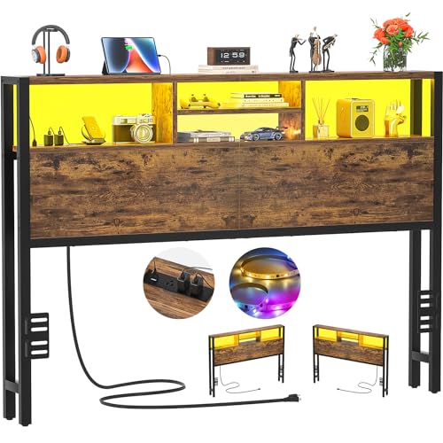 Image of Aheaplus Headboard for Queen Size Bed with Storage, Headboards with Outlets | Queen Size Head Board Only, USB Ports and LED Light, Height Adjustable, Reversible, Sturdy and Stable Headboard, Rustic Brown