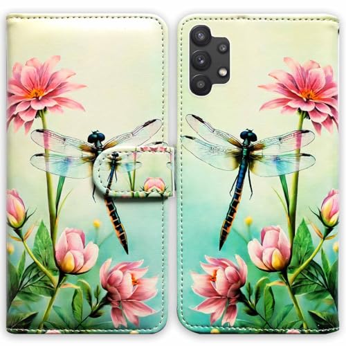 Bcov Galaxy A32 5G Case,Red Flowers Dragonfly Leather Flip Phone Case Wallet Cover with Card Slot Holder Kickstand for Samsung Galaxy A32 5G