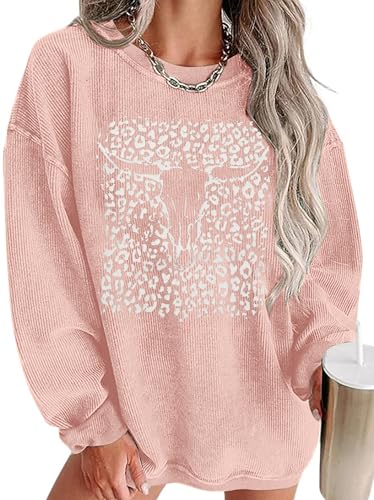 UNIQUEONE Boho Cow Skull Sweatshirt Women: Oversized Vintage Western Rodeo Graphic Tee Country Concert Outfits Pullover Tops Pink