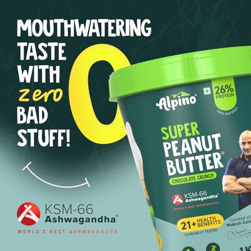 Image of Alpino Super Peanut Butter with KSM-66 Ashwagandha Chocolate Crunch 1kg - Curated by Mukesh Gahlot inchGuruji inch - High Protein, Clinically Tested with 21+ Health Benefits: Aids Strength, Stamina and Recovery