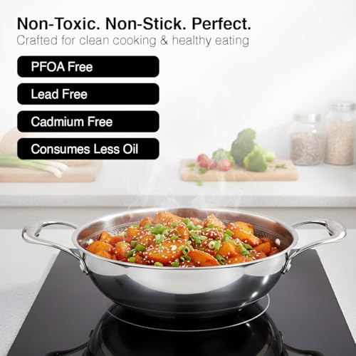 Image of Prestige 24cm /2.7L Tri-Ply Stainless Steel Hexamagic Kadai with Lid| Honeycomb Structure|Durability of Triply|Metal Spoon Friendly| Gas & Induction Compatible|Dishwasher Safe|Low Oil Consumption|Grey