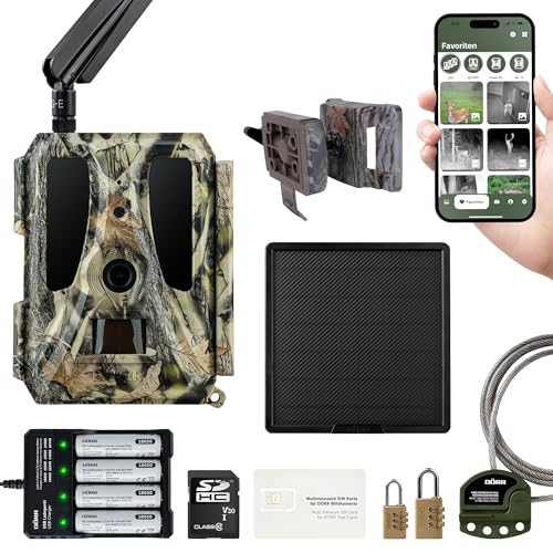 DÖRR Cloud Pro 4G Wildkamera, Überwachungskamera, 100°, Wiederaufladbar 18650, Solar-Set 15000mAh, iOS/Android/Web App, 4G Bildübertragung, 24MP Bilder, Full HD Videos, Echtzeitmodus, Infrarot Blitz