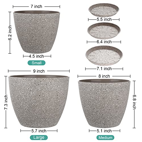 Vanavazon Plant Pots 9/8/7 Inch Set Of 3 Flower Pots Indoor Outdoor Plastic Planters With Drainage Hole And Tray (Speckled Beige) #TOP1