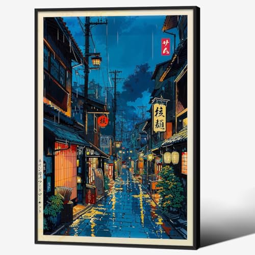 Black Framed Japanese Wall Art 16x24in Vintage Tokyo Tea House Poster Modern Japan Ukiyo-e City Street Cafe Scene Print for Asian living Room Bathroom Bedroom Office Hallway Home Decor